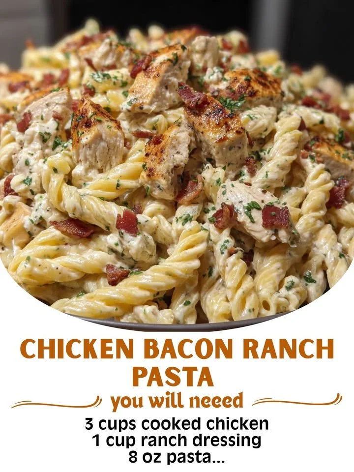 Creamy Chicken Bacon Ranch Pasta with chicken, bacon, and ranch dressing