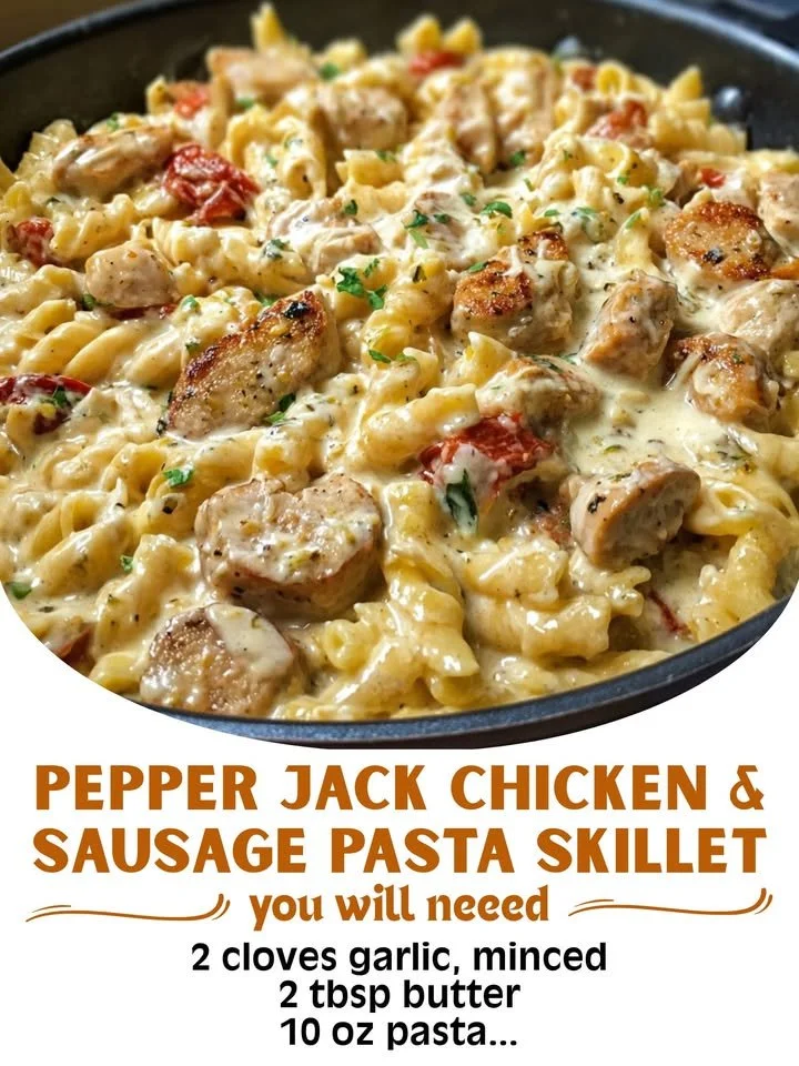 Creamy Pepper Jack Chicken and Sausage Pasta Skillet in a pan