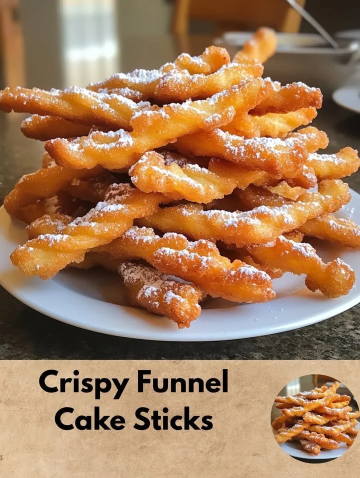 Crispy funnel cake sticks served with powdered sugar and chocolate sauce
