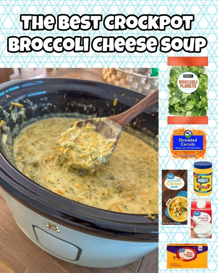 Bowl of creamy crockpot broccoli cheese soup topped with shredded cheese.