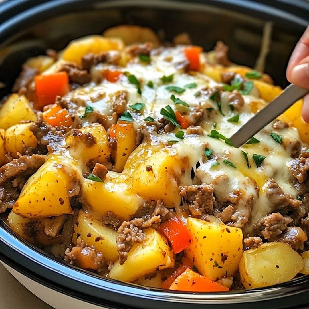 Delicious crockpot cheesesteak casserole with potatoes and melted cheese
