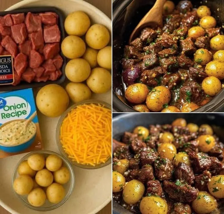 Crockpot garlic butter beef bites and potatoes served in a bowl