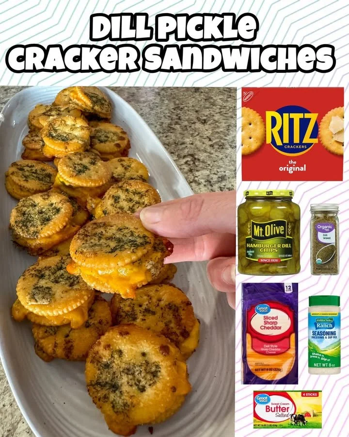 Dill pickle cracker sandwiches stacked on a plate, perfect for snacking.