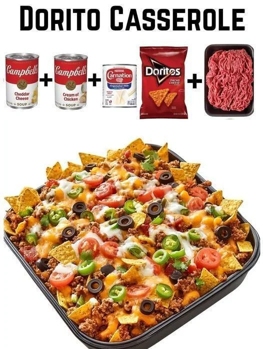 Cheesy Dorito Casserole with colorful toppings baked to perfection.