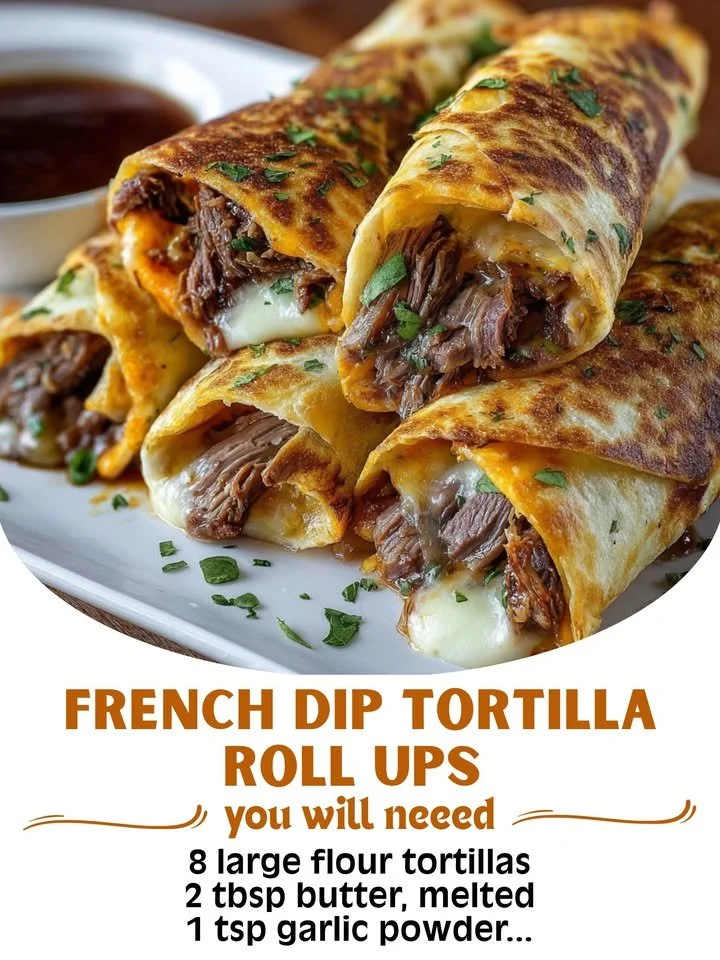 French Dip Tortilla Roll Ups with au jus dipping sauce