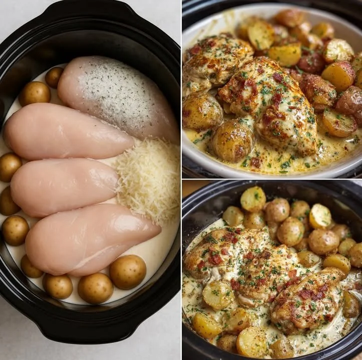 Garlic Parmesan Chicken and Potatoes cooked in a crockpot
