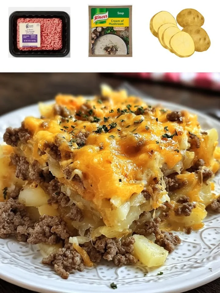 Delicious Hamburger Potato Casserole topped with melted cheese and herbs.