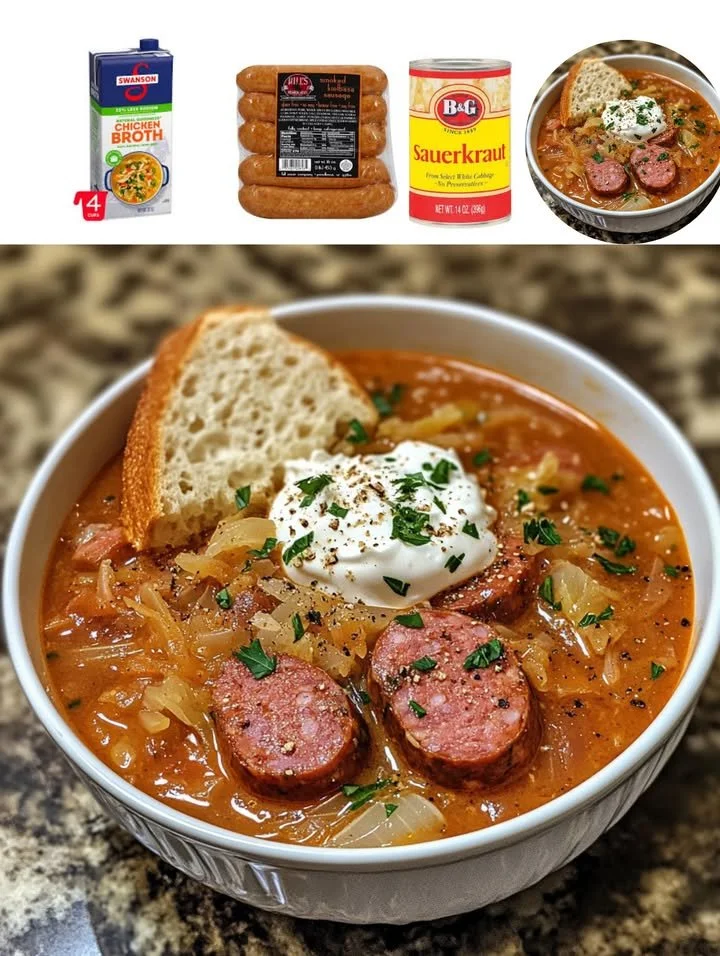 Bowl of delicious kielbasa and sauerkraut soup garnished with herbs