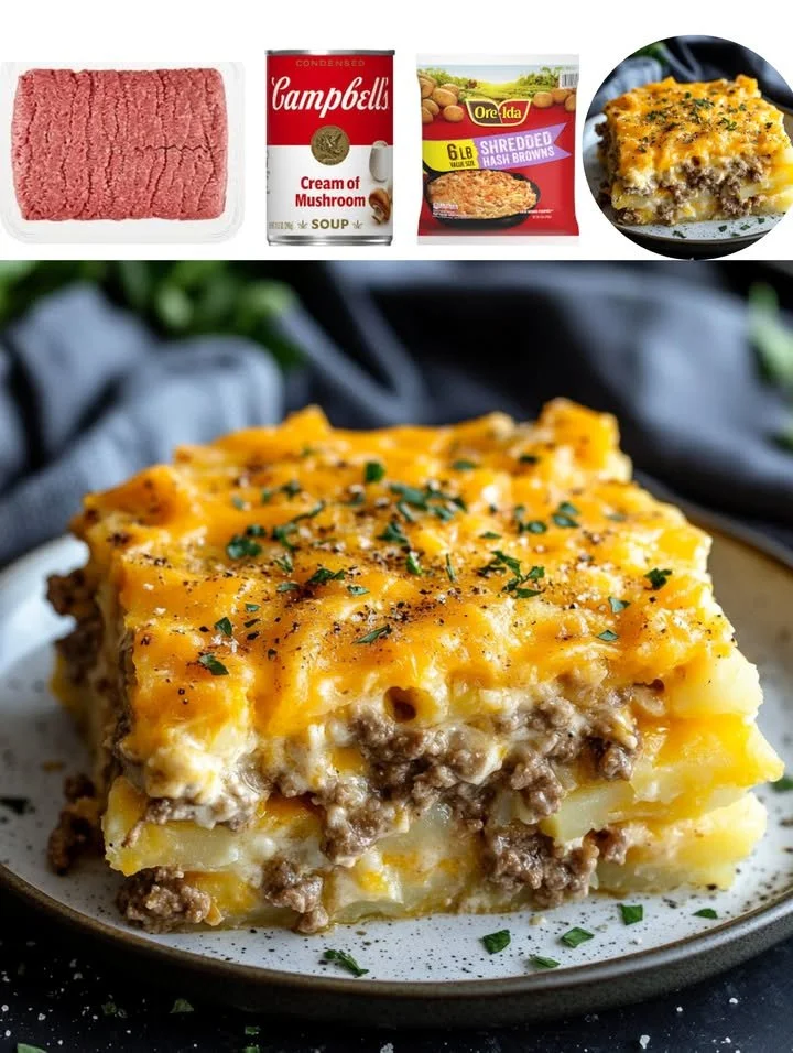 Hearty Meat Potato Casserole fresh out of the oven, ready to serve.