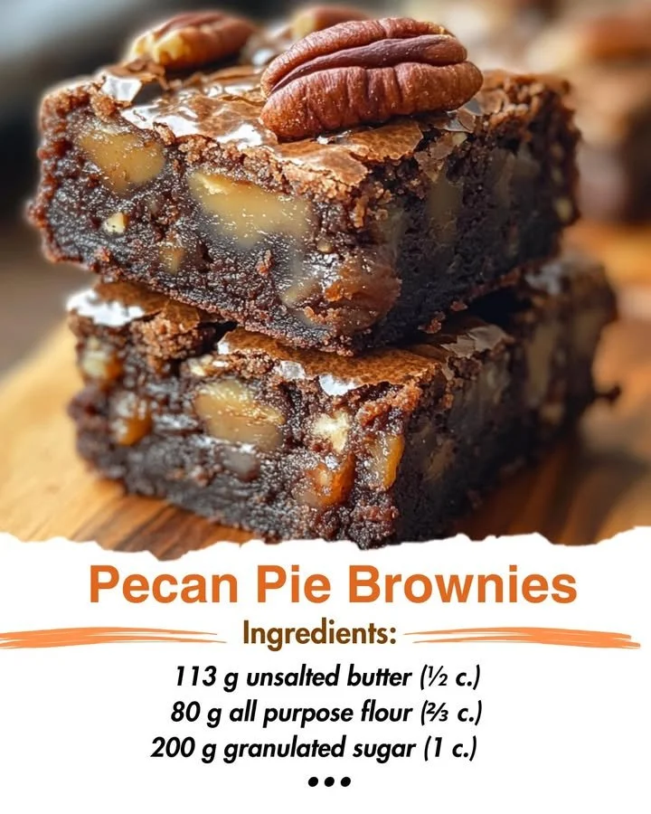 Delicious pecan pie brownies topped with crunchy pecans and rich chocolate
