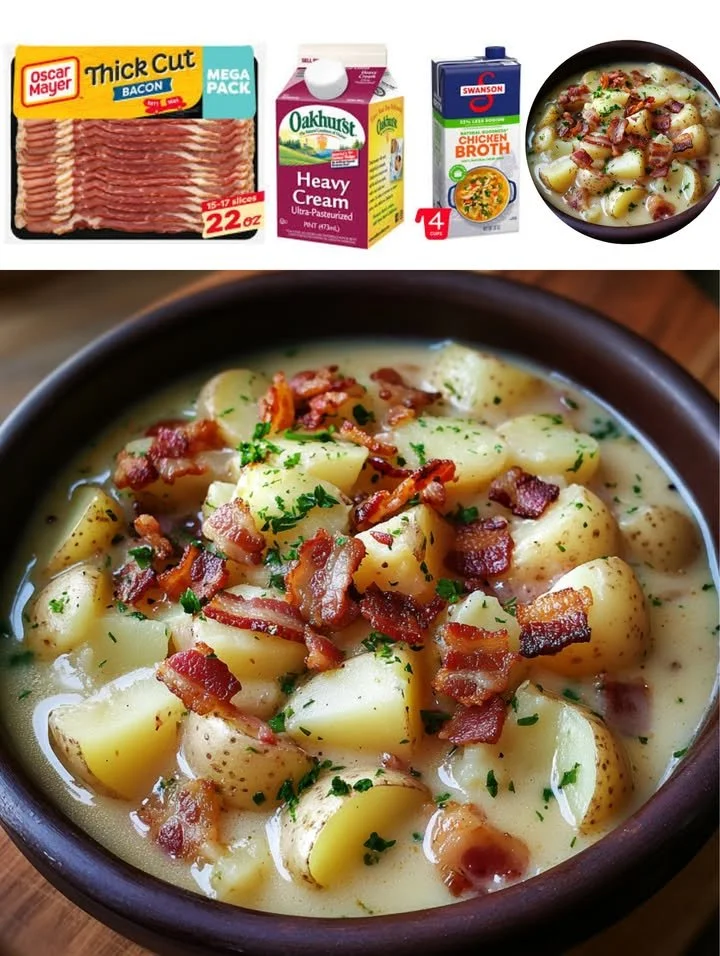Delicious bowl of creamy potato bacon soup garnished with fresh herbs