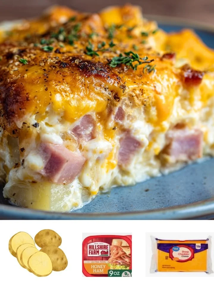 Delicious slow cooker cheesy ham and scalloped potato casserole ready to serve.