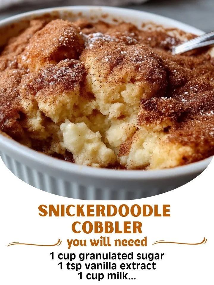 Delicious snickerdoodle cobbler served warm with a scoop of vanilla ice cream