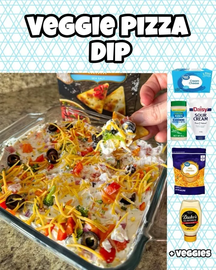Delicious Veggie Pizza Dip served in a bowl with colorful vegetables and cheese
