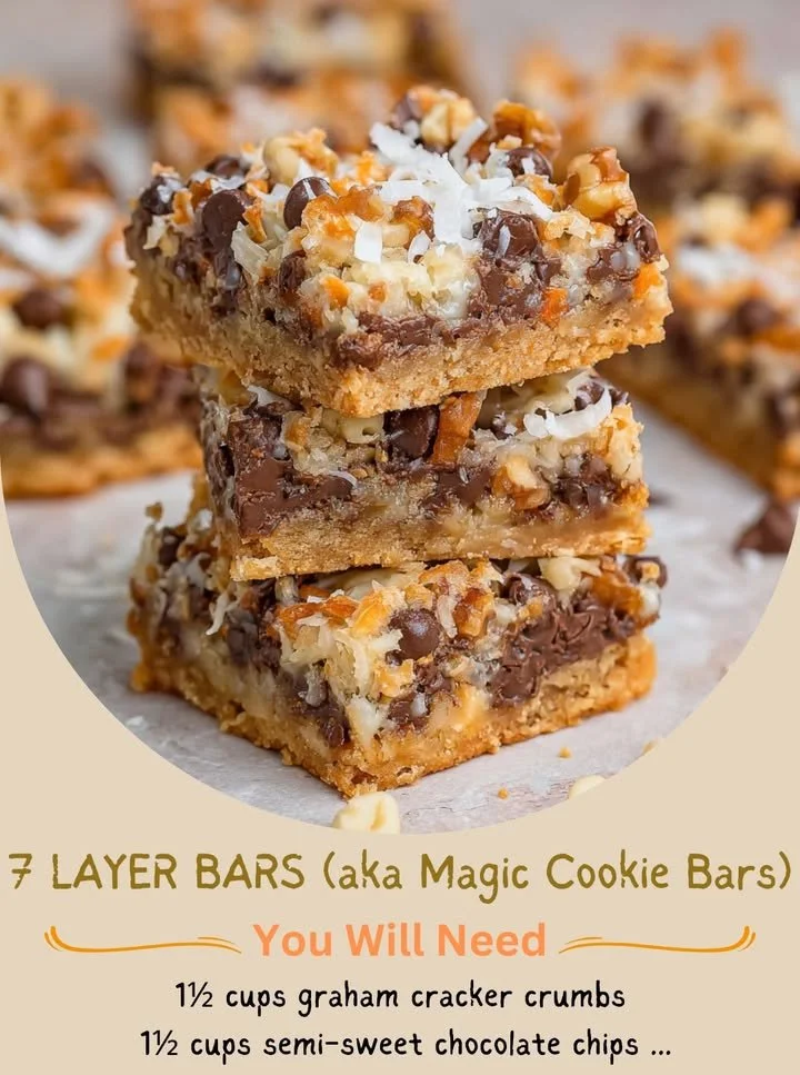 Delicious 7 layer bars or magic cookie bars with chocolate, nuts, and coconut.
