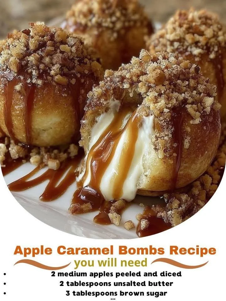 Delicious apple caramel bombs topped with drizzled caramel sauce.