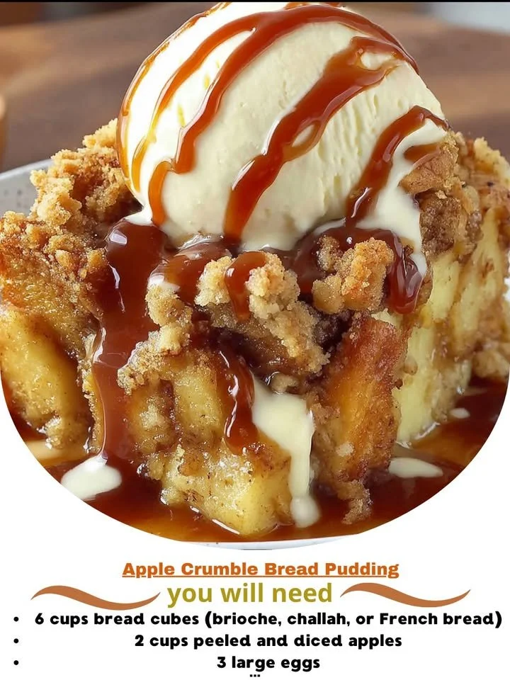 Delicious Apple Crumble Bread Pudding topped with cinnamon and fresh apples