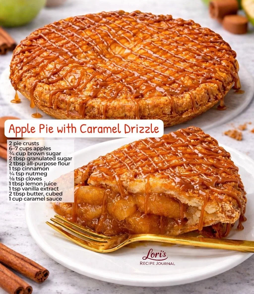 Delicious apple pie topped with rich caramel drizzle on a white plate