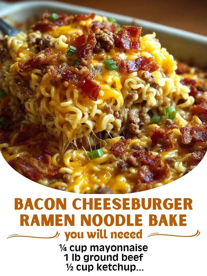 Bacon Cheeseburger Ramen Noodle Bake topped with cheese and bacon