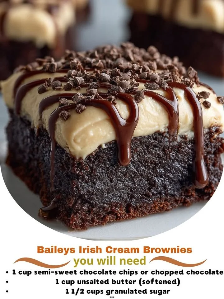 Delicious Baileys Irish Cream brownies on a rustic wooden table