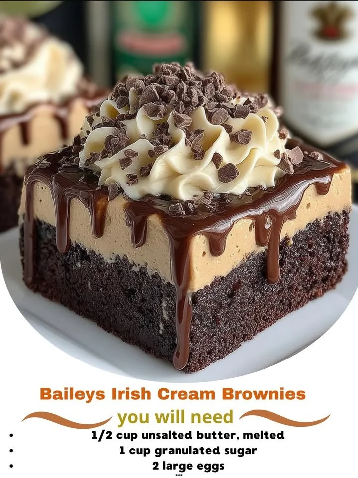 Decadent Baileys Irish Cream Brownies topped with chocolate drizzle.