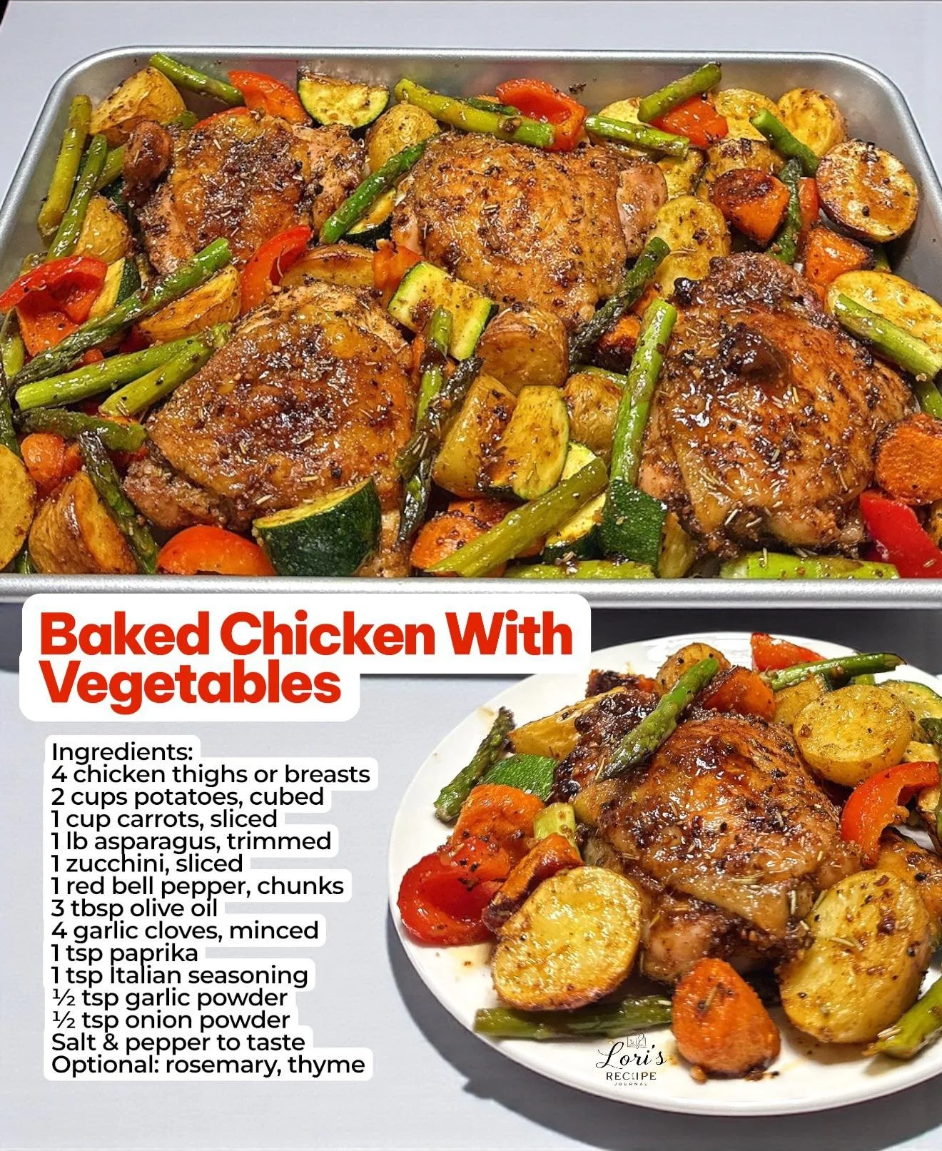 Baked chicken served with vibrant roasted vegetables on a plate