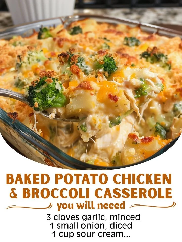 Delicious Baked Potato Chicken and Broccoli Casserole ready to serve.
