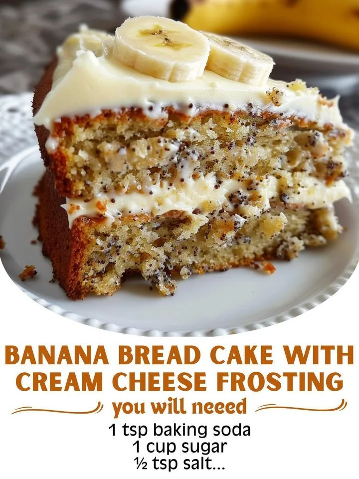Delicious banana bread cake with cream cheese frosting on a plate