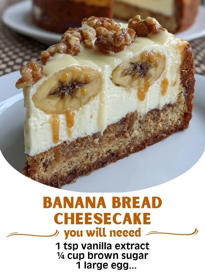 Delicious slice of Banana Bread Cheesecake topped with banana slices
