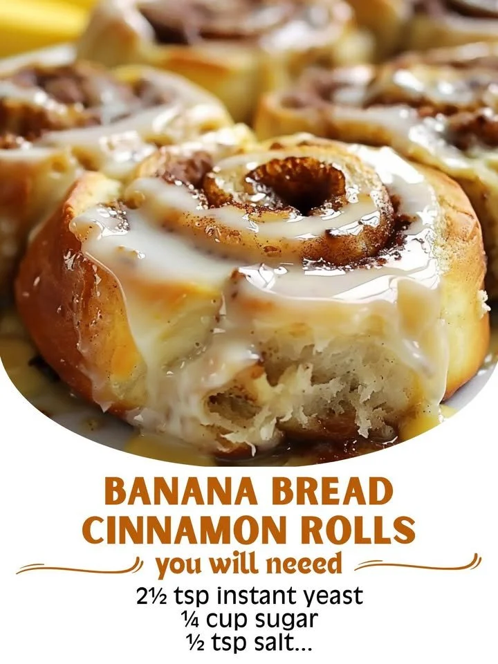 Freshly baked banana bread cinnamon rolls topped with cinnamon icing.