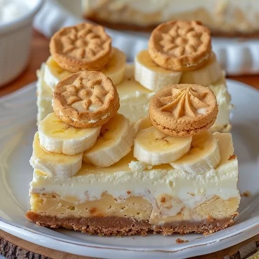 Delicious banana pudding cheesecake squares with a creamy topping and banana slices.