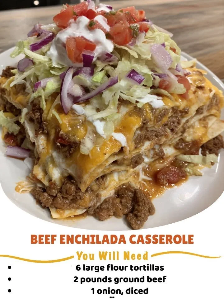 Delicious Beef Enchilada Casserole topped with melted cheese and fresh cilantro
