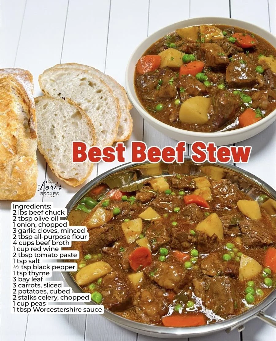A bowl of hearty beef stew with vegetables, ready to serve.