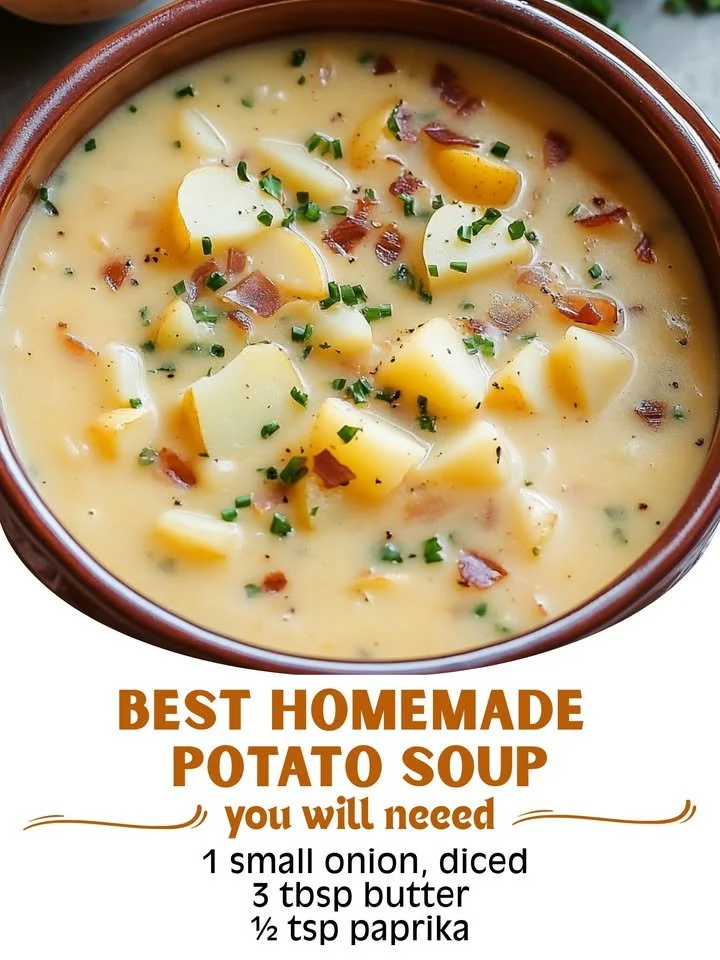 Bowl of creamy homemade potato soup garnished with herbs and spices