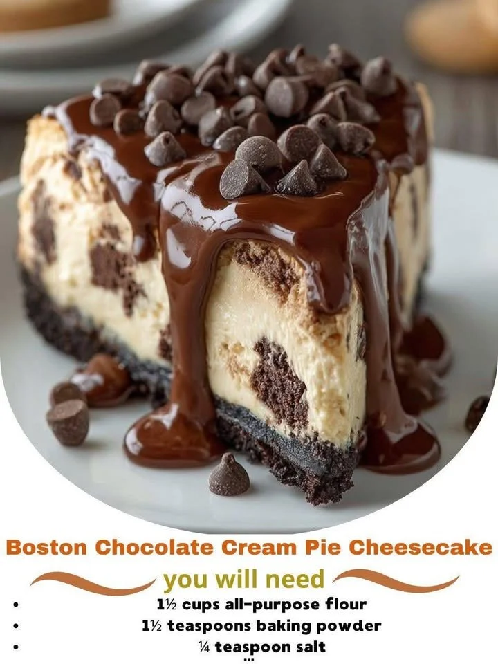 Boston Chocolate Cream Pie Cheesecake topped with chocolate cream and whipped cream