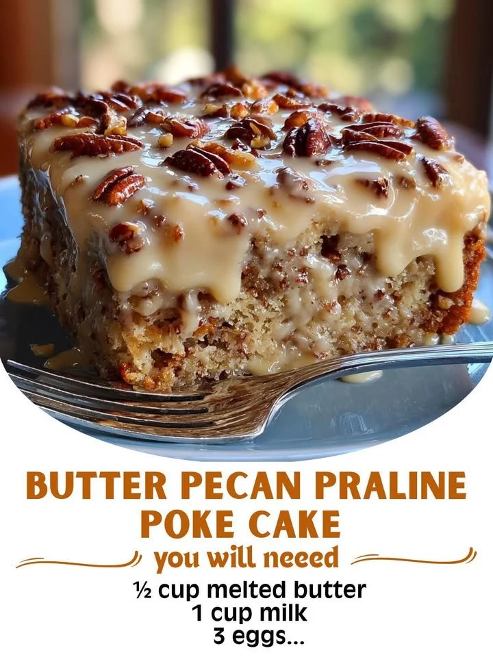 Delicious Butter Pecan Praline Poke Cake with nuts and caramel topping