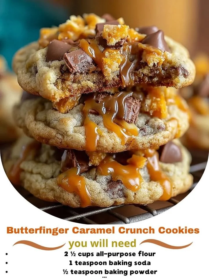 Delicious Butterfinger Caramel Crunch Cookies ready to be enjoyed.