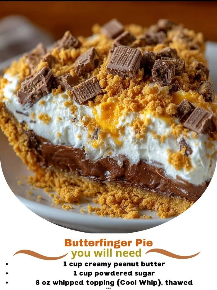 Delicious Butterfinger Pie topped with crumbled Butterfinger candy