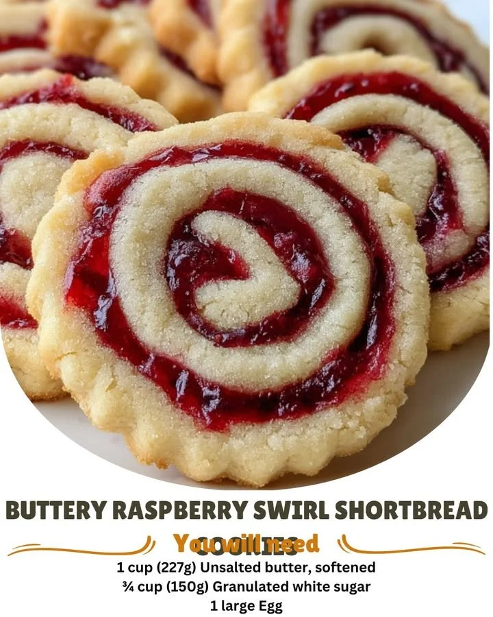 Buttery raspberry swirl shortbread cookies on a plate