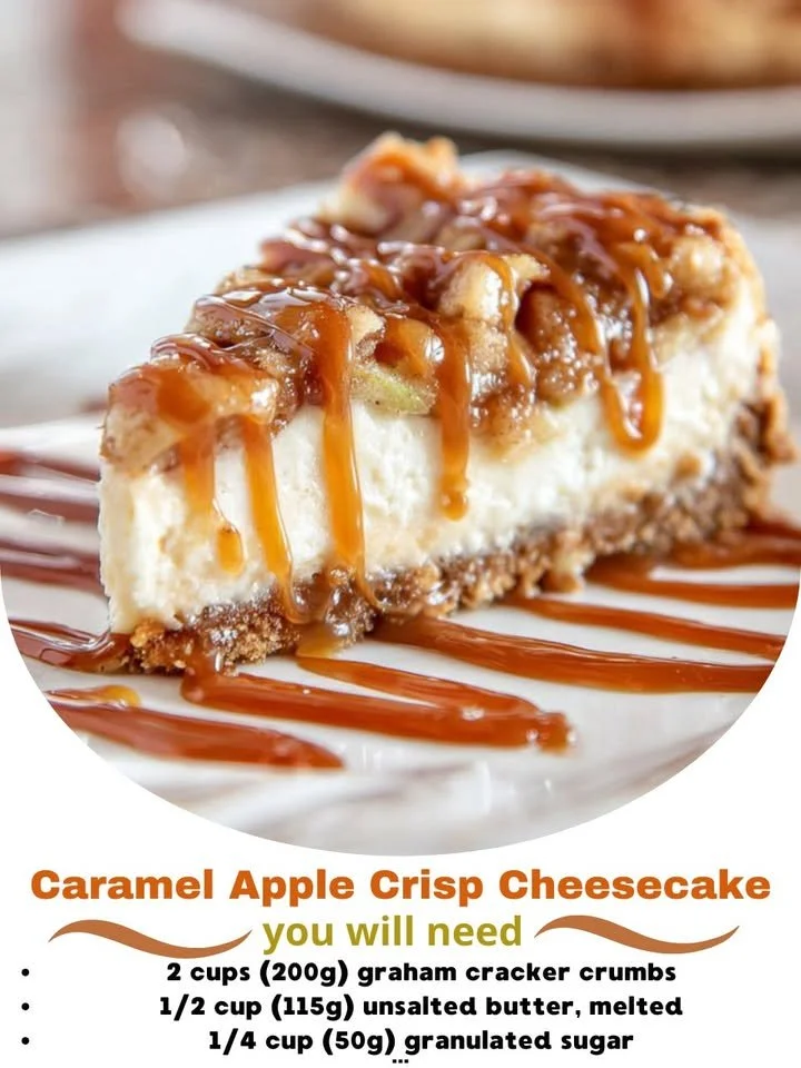 Slice of Caramel Apple Crisp Cheesecake topped with caramel and apple crisp