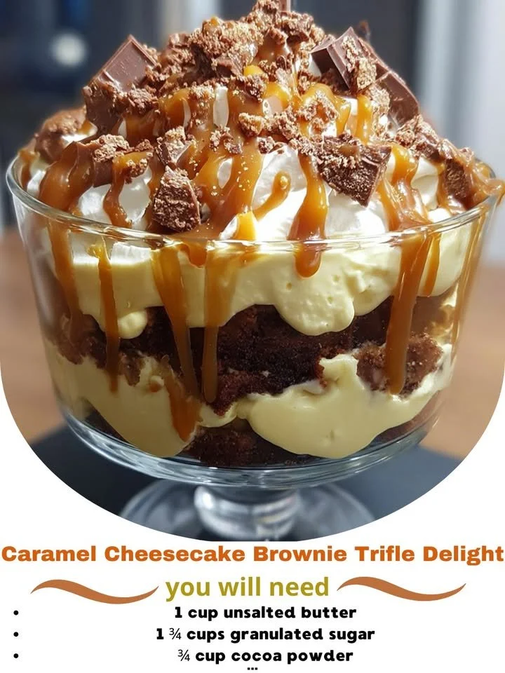 Delicious caramel cheesecake brownie trifle dessert in a glass dish.