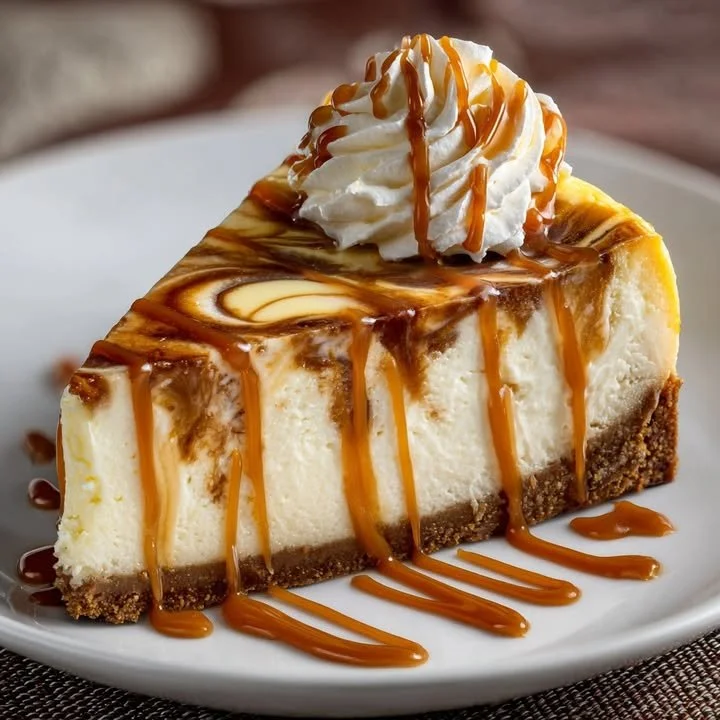 Delicious Caramel Swirl Cheesecake topped with caramel drizzles