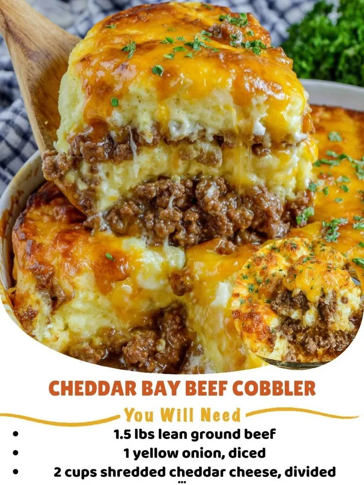 Delicious Cheddar Bay Beef Cobbler served in a rustic bowl with cheddar biscuit topping.