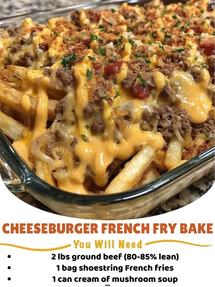 Cheeseburger French Fry Bake topped with cheese and garnished with herbs.