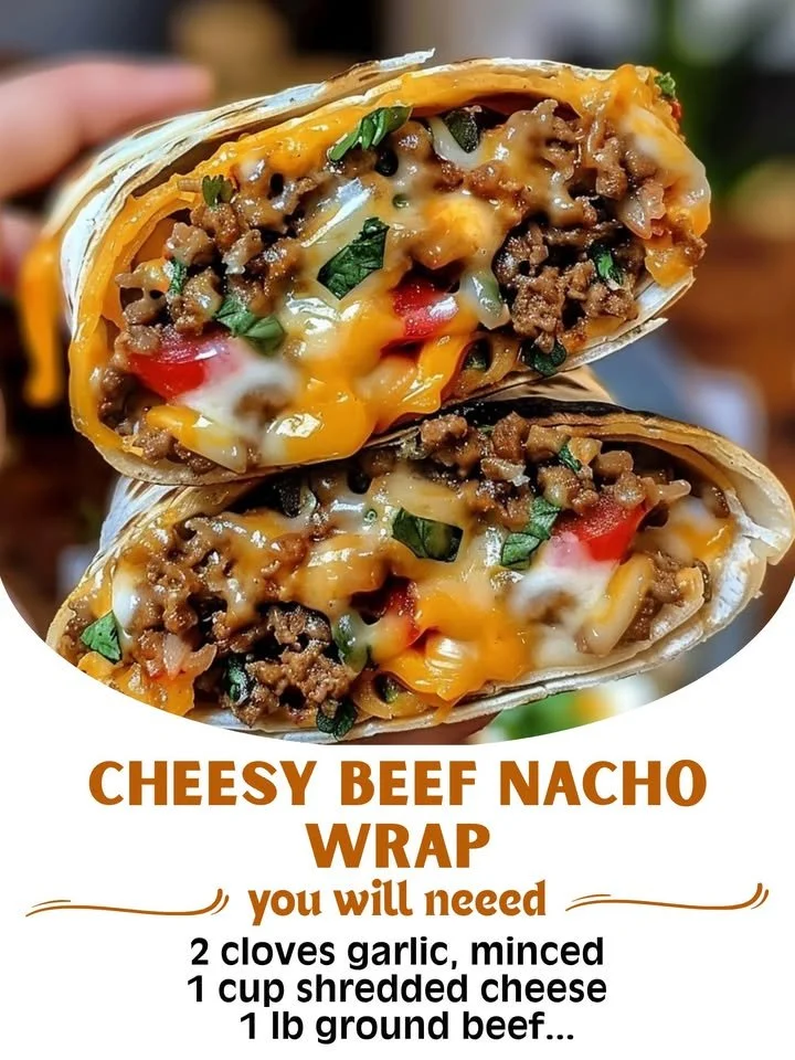 Delicious cheesy beef nacho wrap filled with beef, melted cheese, and fresh toppings