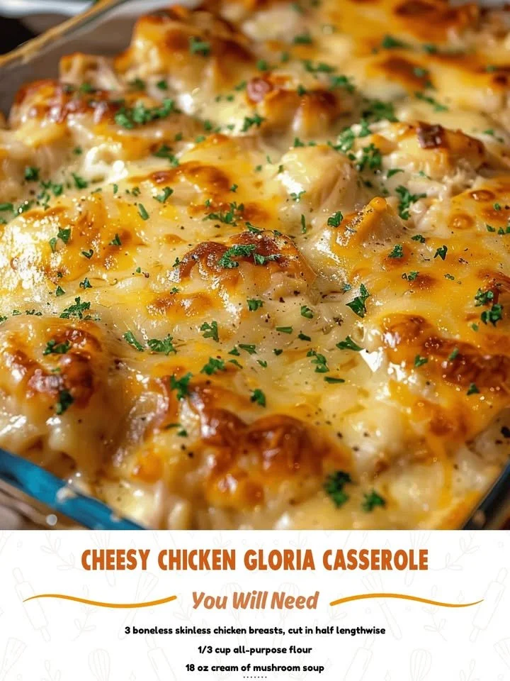 Delicious Cheesy Chicken Gloria Casserole baked to perfection with cheese and chicken.