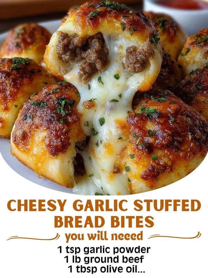 Cheesy garlic stuffed bread bites with ground beef on a platter