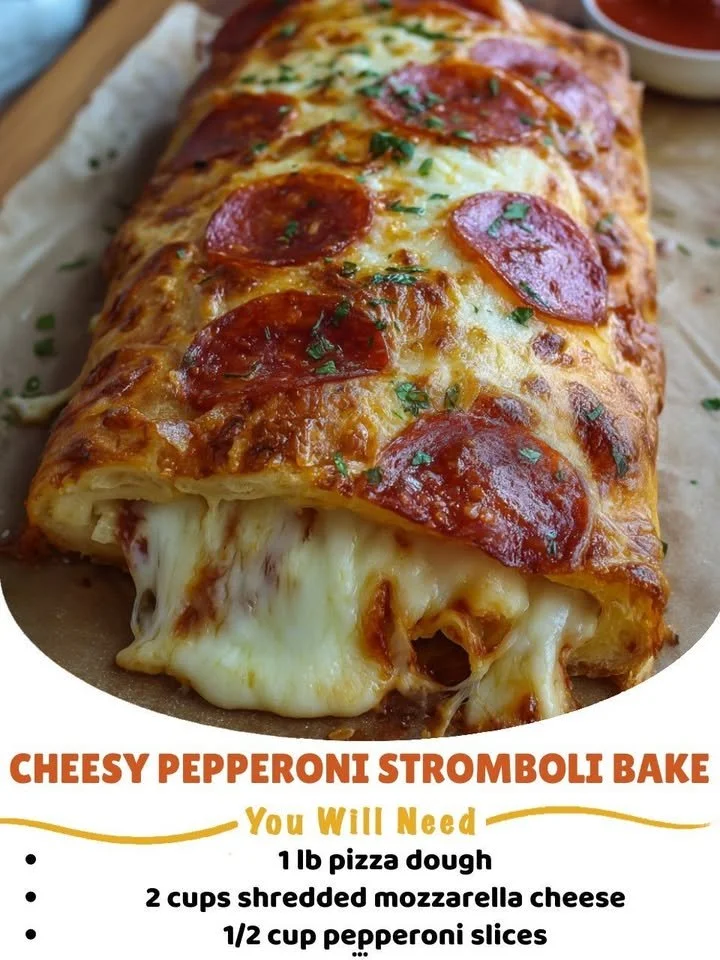 Cheesy Pepperoni Stromboli with melted cheese and pepperoni slices