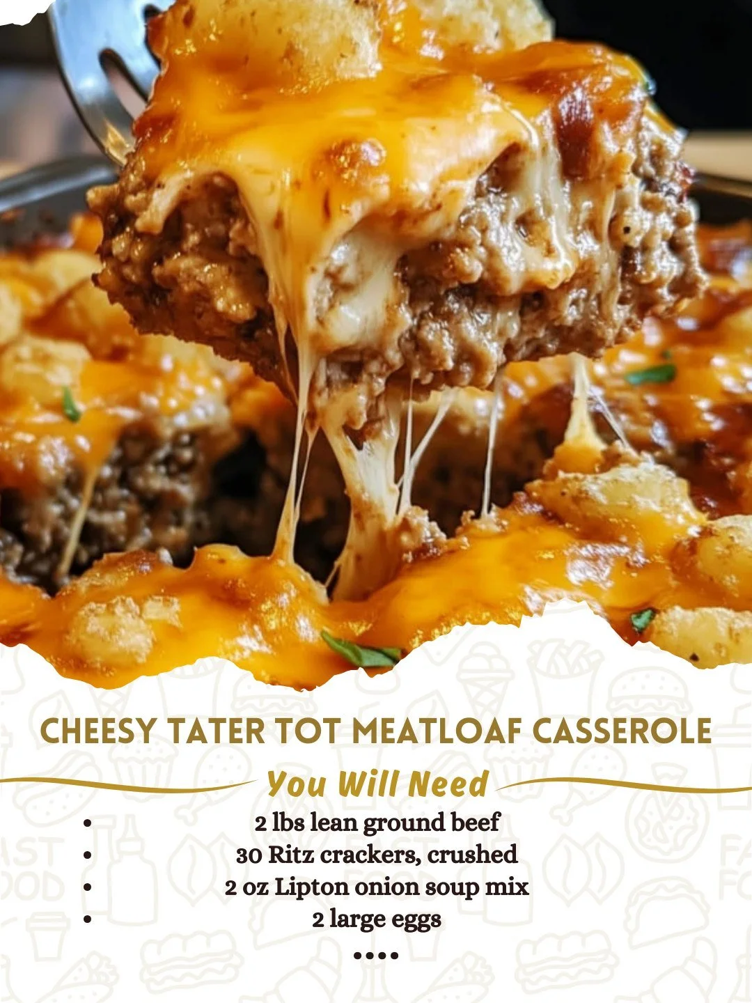 Cheesy Tater Tot Meatloaf Casserole topped with golden tater tots and melted cheese