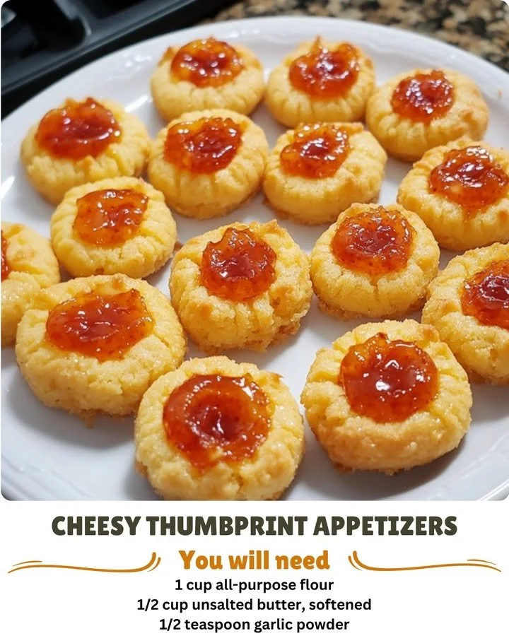 Plate of cheesy thumbprint appetizers topped with hot pepper jelly